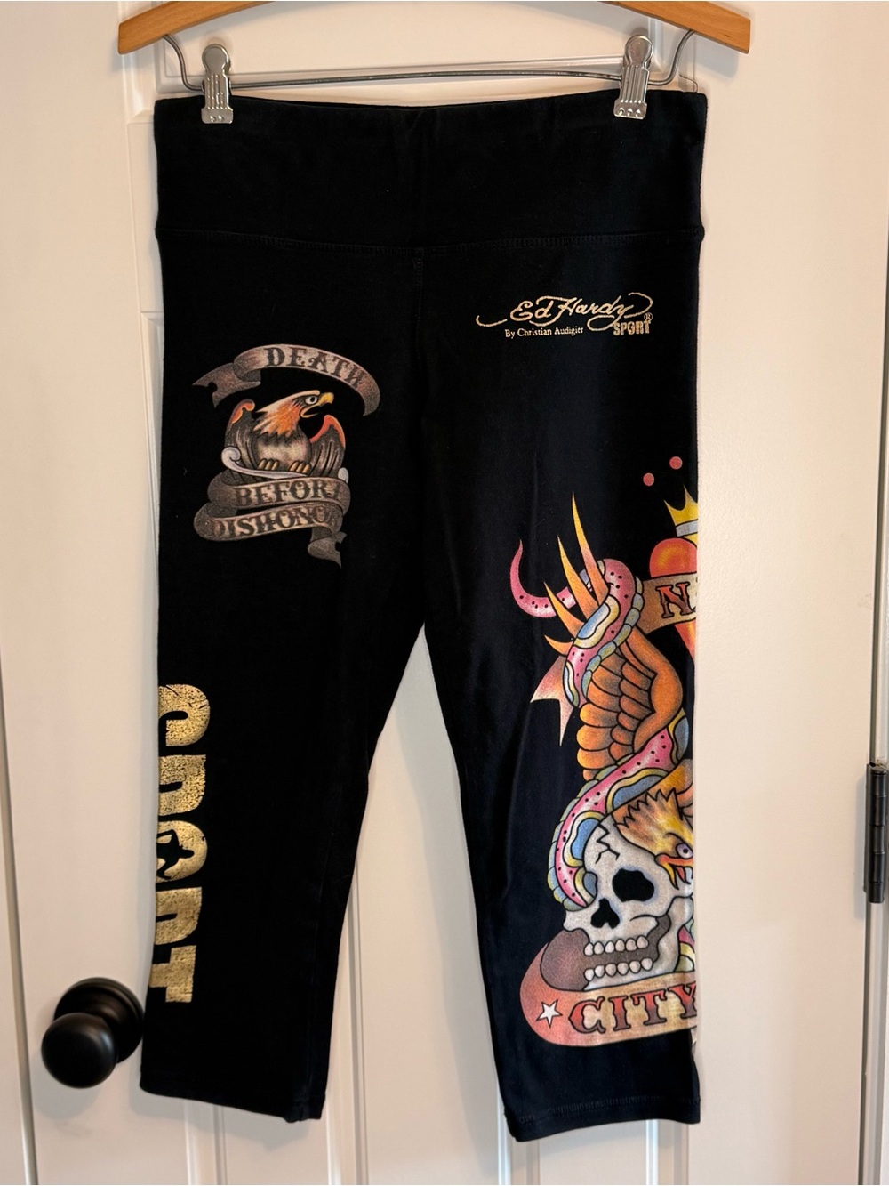 Ed Hardy Sport Black Capri Leggings with Colorful Tattoo Graphics